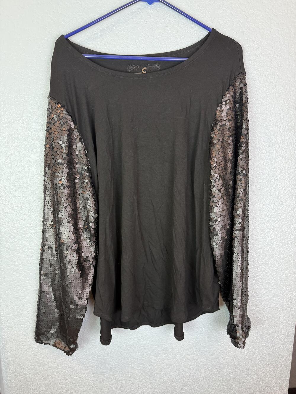 Cupio Shirt Womens 3X Black Matte Sequins Long Sleeve Pullover Top Stretch Plus